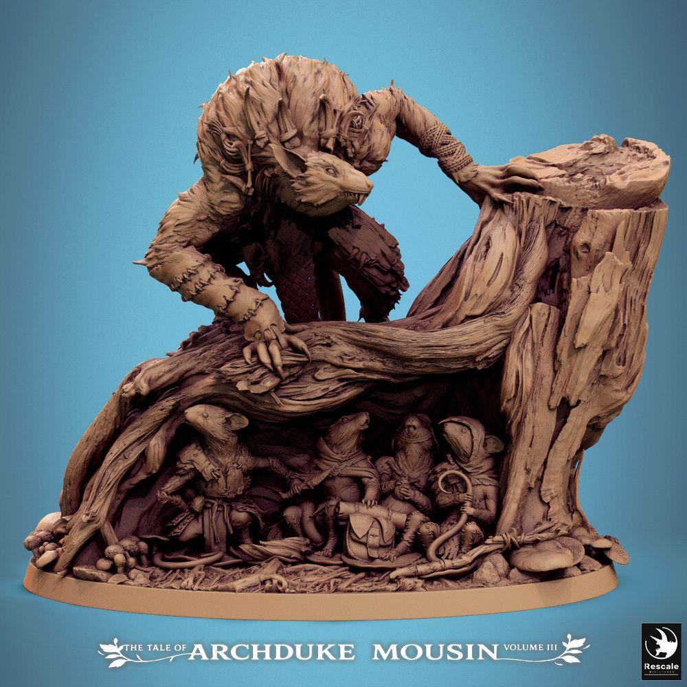 Foto del producto Tabletop 28mm Lord of the Print (LotP) 2: Miniatura de Tabletop: Híbrido hombre-bestia lobo sobre tocón de árbol, bestia del bosque y alfa depredador, jefe de mazmorras, base de escena con criaturas de ratones y ratas (25_07_R1)