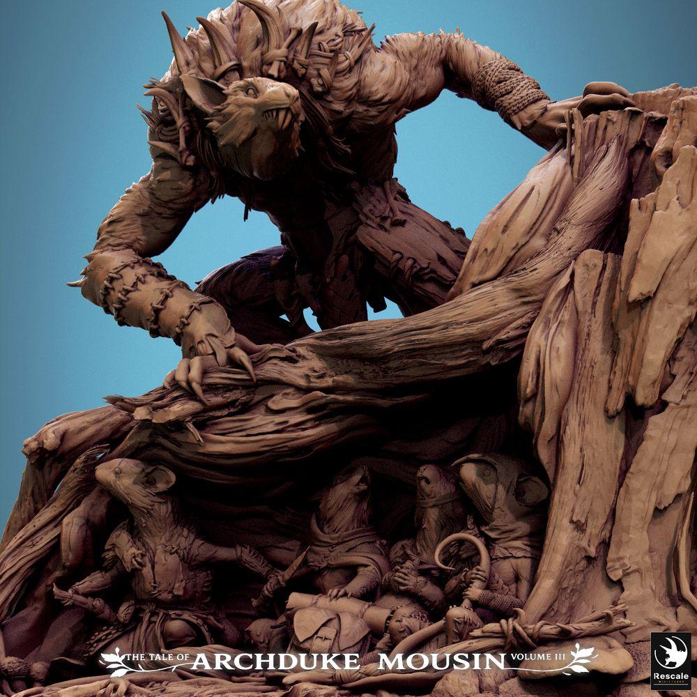 Foto del producto Tabletop 28mm Lord of the Print (LotP) 3: Miniatura de Tabletop: Híbrido de hombre bestia lobo sobre tocón de árbol, bestia del bosque y alfa depredador, jefe de mazmorras, base de escena con criaturas de ratones y ratas (25_07_R1)