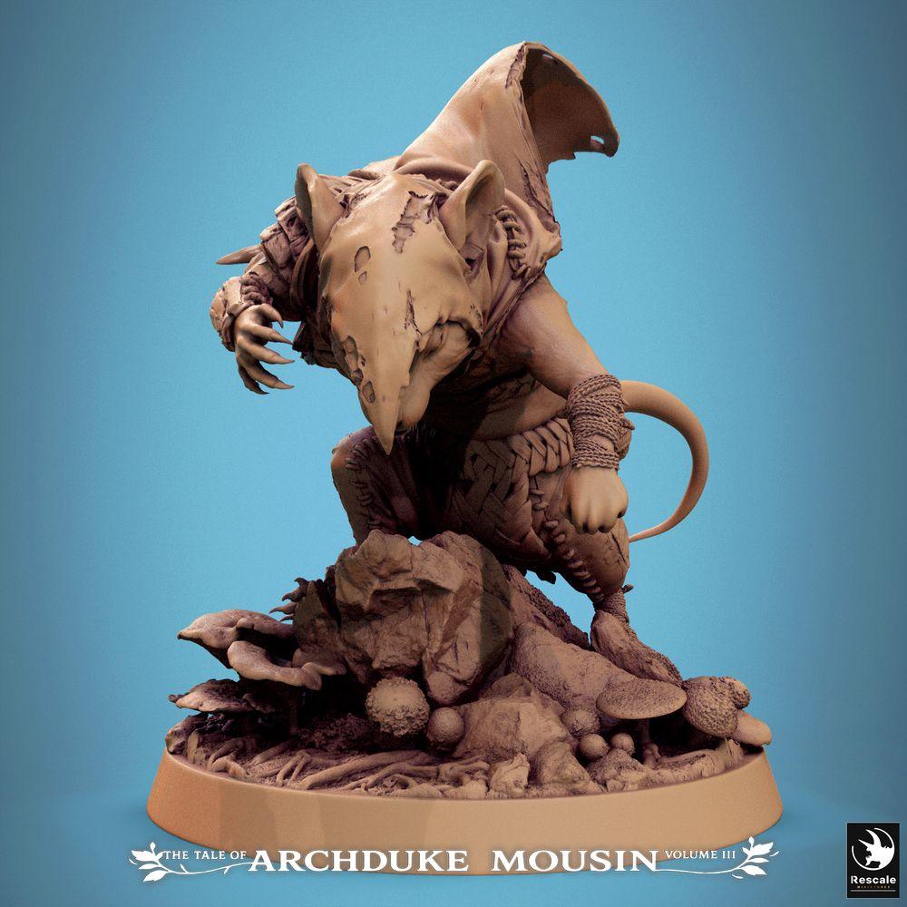 Foto del producto Tabletop 28mm Lord of the Print (LotP) 0: Miniatura de Tabletop: Asesino de Hombre Rata / Sicario del Pueblo Rata, en cuclillas y listo para saltar con capucha y capa - Explorador de túneles, corredor de sombras sobre base escénica de roca (25_07_Q27)