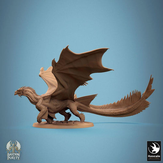 Produktfoto Tabletop 28mm Lord of the Print (LotP) 0: Fantasy Figur: Bronze Drache (Bronze Dragon), Antiker Großdrache Wyrm, Drachenältester Bossmonster, aufgerichtet brüllend mit weit ausgespannten Schwingen und angehobener Vorderkralle (24_09_E2)