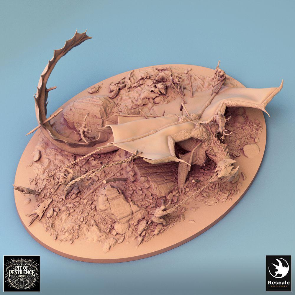 Foto del producto Tabletop 28mm Lord of the Print (LotP) 0: Miniatura de Tabletop: Dragón de Bronce - Dragón Grande, Wyrm; Encuentro de Jefe Cazador de Dragones como escena de caza con cadenas y lanza en base de diorama (24_08_A1)