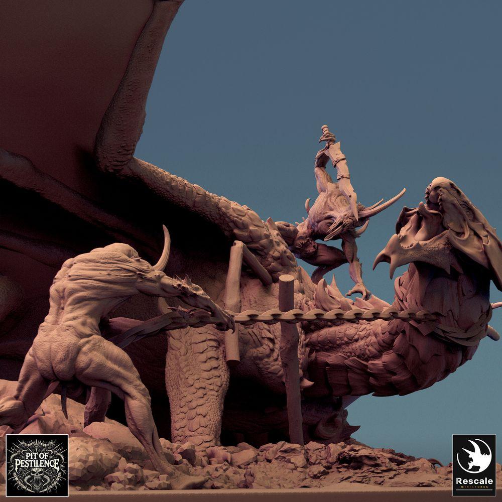 Foto del producto Tabletop 28mm Lord of the Print (LotP) 0: Miniatura de Tabletop: Dragón de Bronce - Dragón Grande, Wyrm; Encuentro de Jefe Cazador de Dragones como escena de caza con cadenas y lanza en base de diorama (24_08_A1)