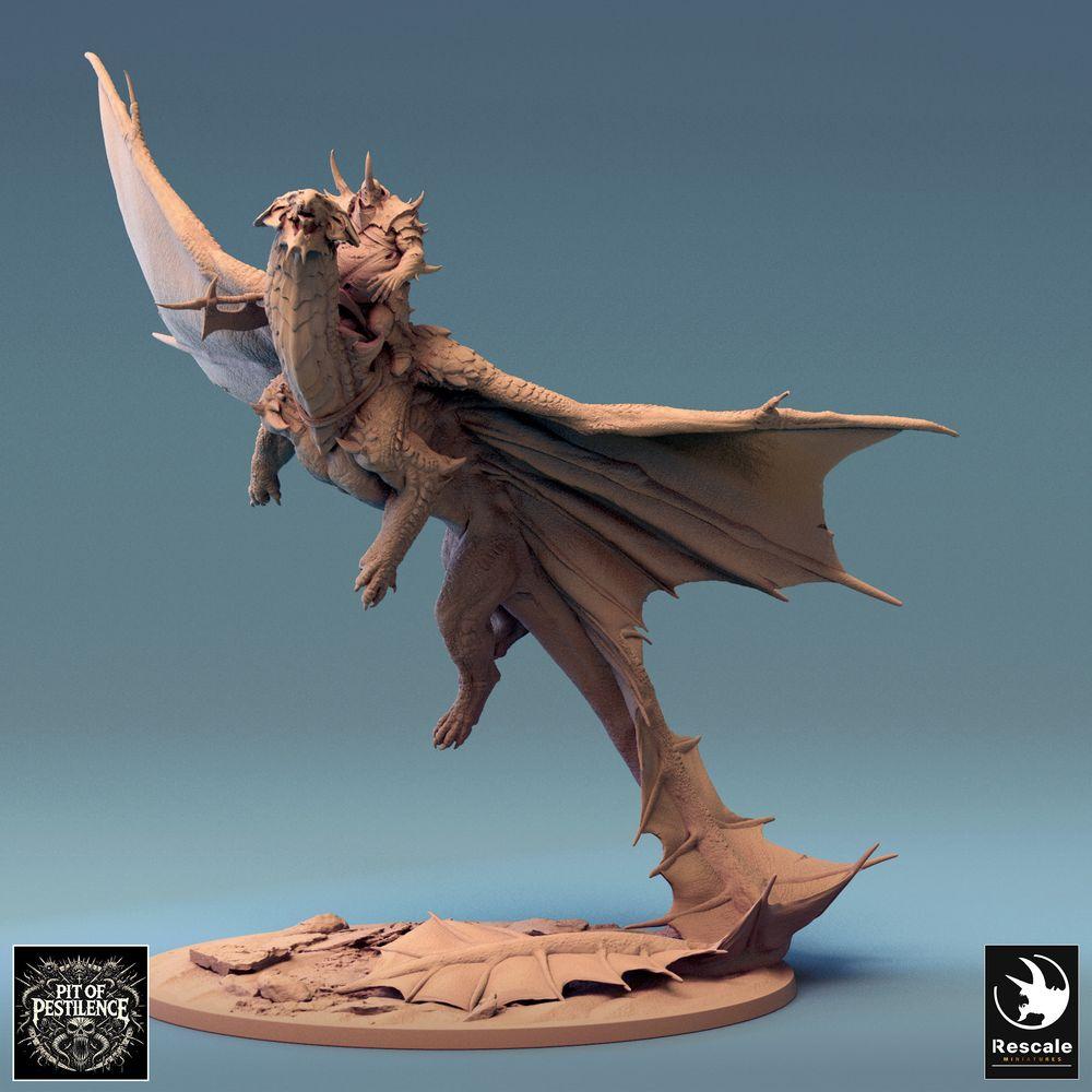 Foto del producto Tabletop 28mm Lord of the Print (LotP) 0: Miniatura de Fantasía: Jinete de Dragón sobre Wyvern - Dragón de Bronce en Ascenso, Caballero del Caos Jefe/Héroe, Caballería Aérea para Wargame/Skirmish (24_08_A3)
