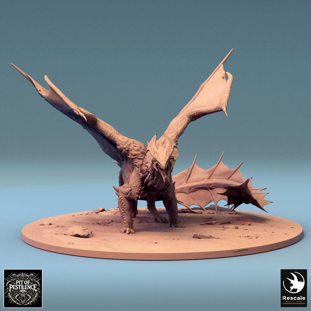 Foto del producto Tabletop 28mm Lord of the Print (LotP) 0: Miniatura de Tabletop: Gran Dragón Wyvern, en pose de combate agachada con alas extendidas, figura de dragón jefe (24_08_A4)