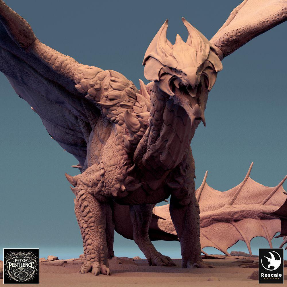 Foto del producto Tabletop 28mm Lord of the Print (LotP) 0: Miniatura de Tabletop: Gran dragón Wyvern, en posición de combate agachada con alas extendidas, figura de monstruo jefe dragón (24_08_A4)