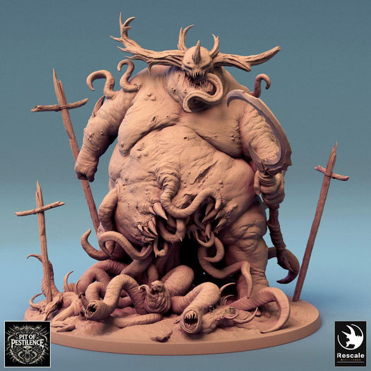 Foto del producto Tabletop 28mm Lord of the Print (LotP) 0: Miniatura de Tabletop: Demonio de la Plaga, Señor Demonio - monstruo grande corpulento y bestia tentacular con hacha de verdugo y bastón de trofeos, rugiendo con corona de cuernos y abdomen desgarrado (24_08_B1)