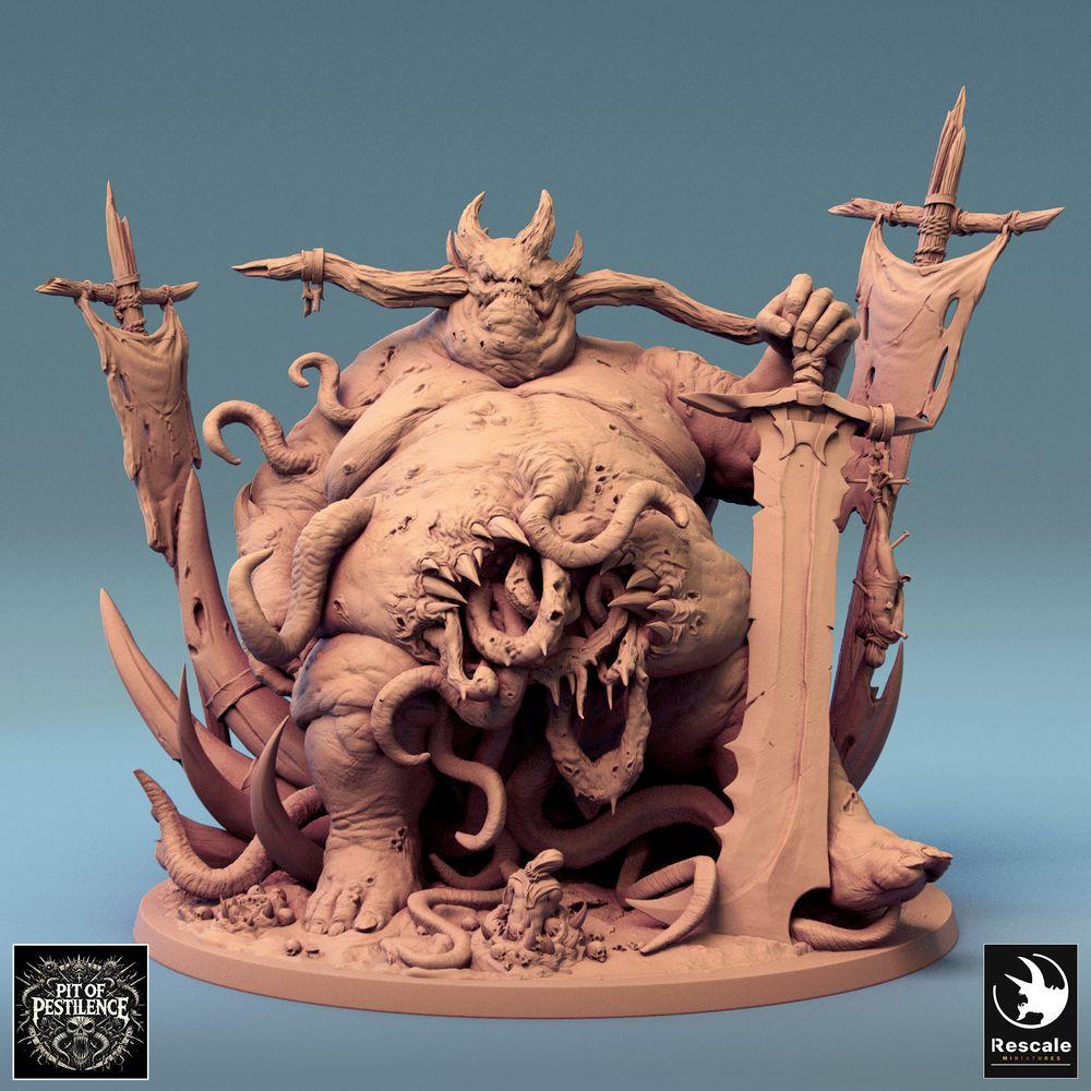 Foto del producto Tabletop 28mm Lord of the Print (LotP) 0: Miniatura de Tabletop: Demonio de plaga Señor de la Peste, Gran Demonio del Caos y Abominación Tentacular con espada a dos manos y estandartes, monstruo jefe (24_08_B2)