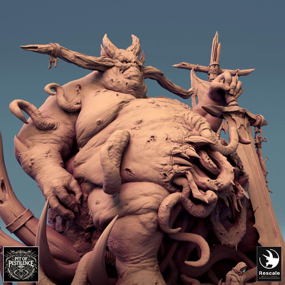 Foto del producto Tabletop 28mm Lord of the Print (LotP) 0: Miniatura de Tabletop: Demonio de plaga Señor de la Peste, Gran Demonio del Caos y Abominación Tentacular con espada de dos manos y estandartes, monstruo jefe (24_08_B2)