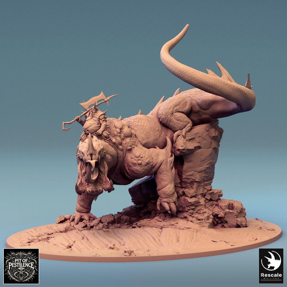 Foto del producto Tabletop 28mm Lord of the Print (LotP) 0: Miniatura de Tabletop: Jinete de bestias sobre bestia lagarto - Campeón bárbaro con alabarda, montura demoníaca, monstruo jefe, base escénica (24_08_C1)