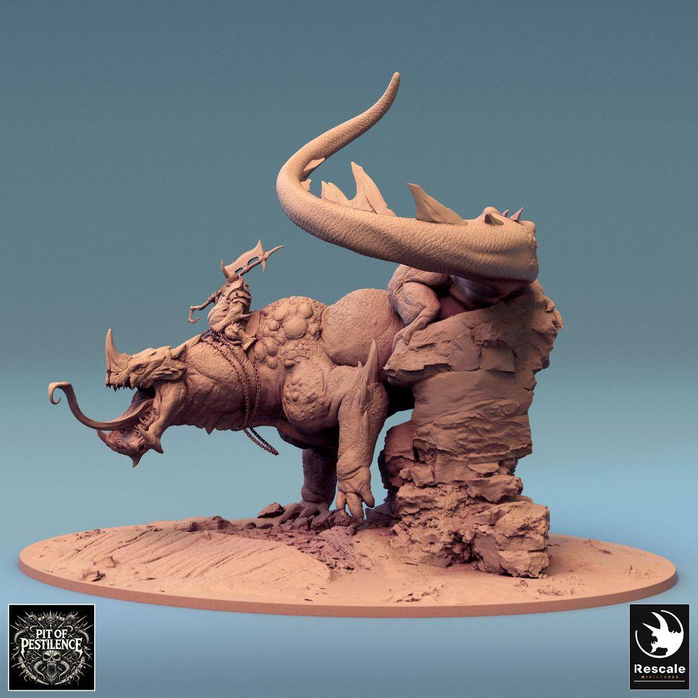 Foto del producto Tabletop 28mm Lord of the Print (LotP) 0: Miniatura de Tabletop: Jinete de bestias sobre bestia lagarto - Campeón bárbaro con alabarda, montura demoníaca, monstruo jefe, base escénica (24_08_C1)