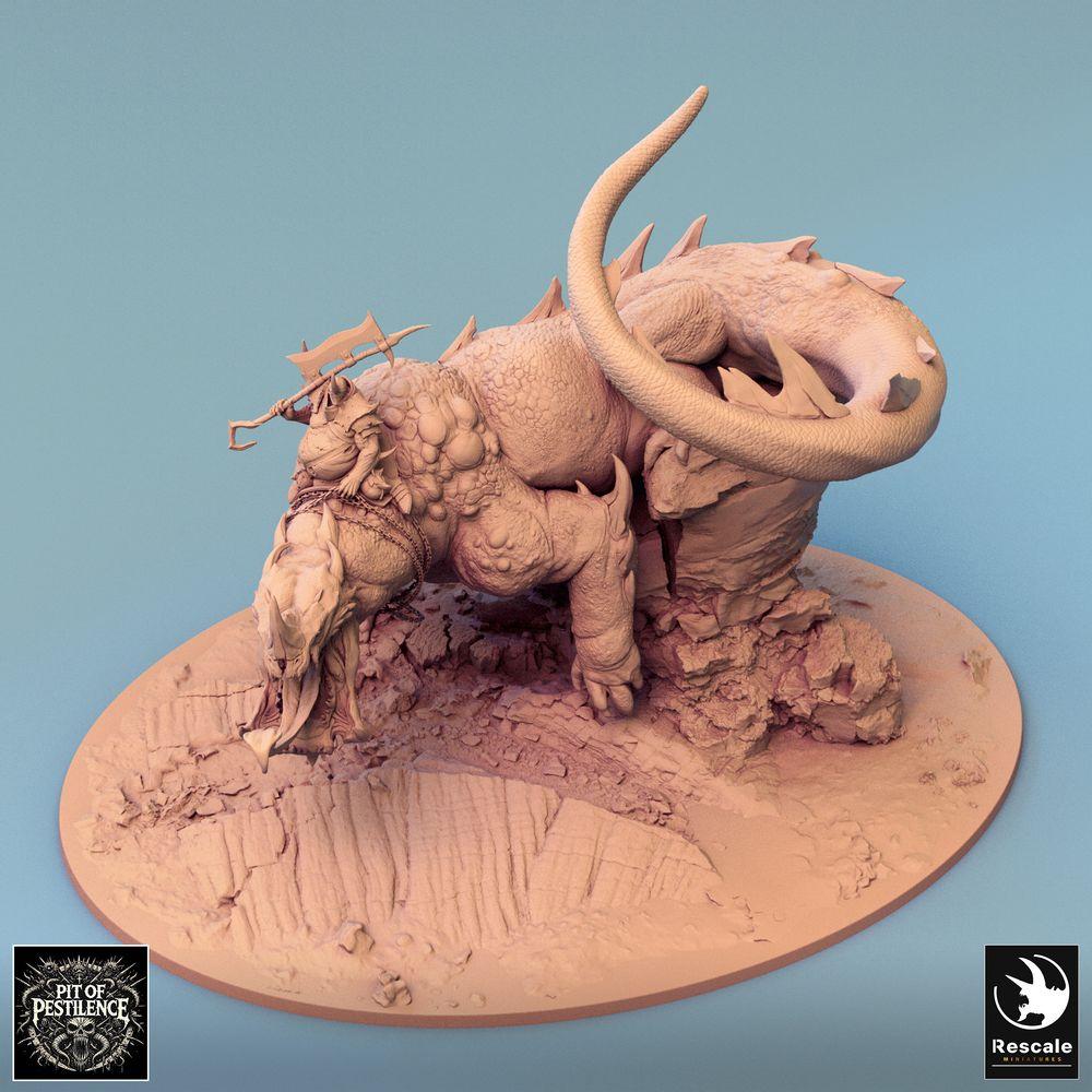 Foto del producto Tabletop 28mm Lord of the Print (LotP) 0: Miniatura de Tabletop: Jinete de bestias sobre bestia lagarto - Campeón bárbaro con alabarda, montura demoníaca, monstruo jefe, base escénica (24_08_C1)