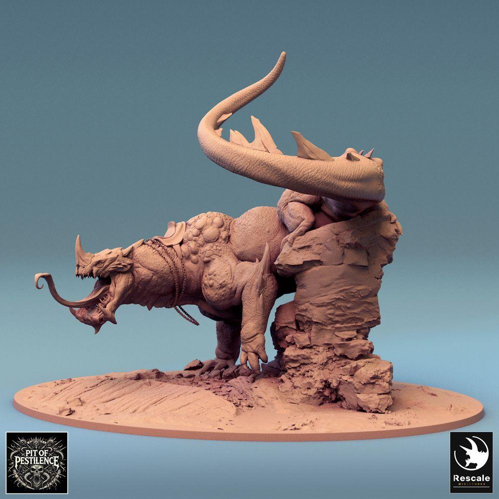 Foto del producto Tabletop 28mm Lord of the Print (LotP) 0: Miniatura de Tabletop: Jinete de bestias sobre bestia lagarto - Campeón bárbaro con alabarda, montura demoníaca, monstruo jefe, base escénica (24_08_C1)