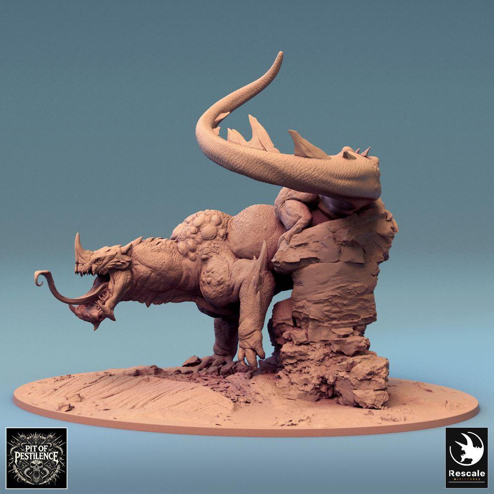 Foto del producto Tabletop 28mm Lord of the Print (LotP) 0: Miniatura de Tabletop: Jinete de bestia sobre bestia lagarto - Campeón bárbaro con alabarda, montura demoníaca, monstruo jefe, base escénica (24_08_C1)
