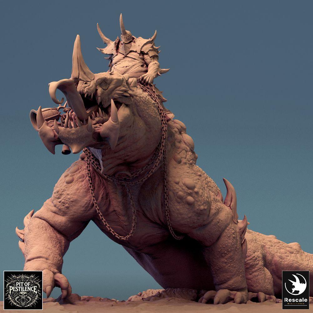 Foto del producto Tabletop 28mm Lord of the Print (LotP) 0: Miniatura de Tabletop: Jinete bárbaro sobre bestia pantanosa - Monstruo reptiliano, dinosaurio de guerra, bestia de guerra con lanza, armadura de cadenas y silla de montar (24_08_C2)