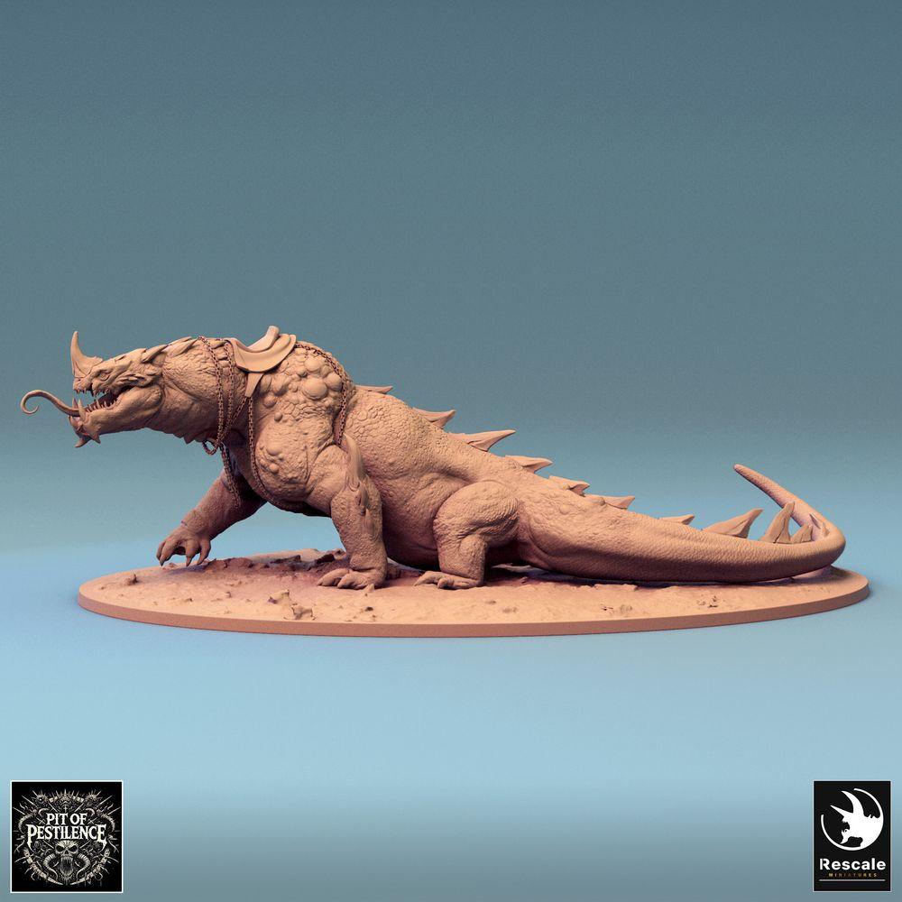 Foto del producto Tabletop 28mm Lord of the Print (LotP) 0: Miniatura de Tabletop: Jinete bárbaro sobre bestia pantanosa - Monstruo reptiliano, dinosaurio de guerra, bestia de guerra con lanza, armadura de cadenas y silla de montar (24_08_C2)