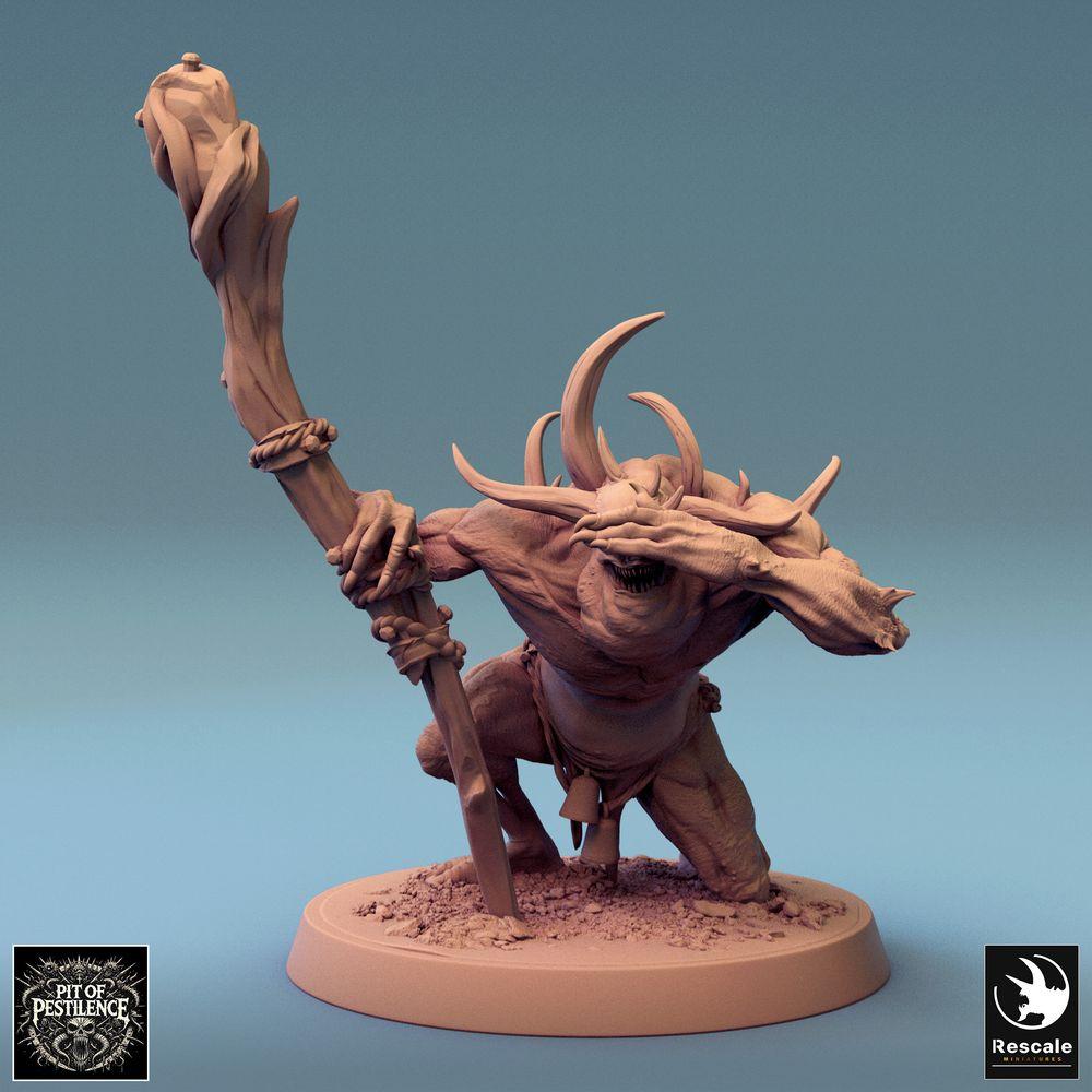 Foto del producto Tabletop 28mm Lord of the Print (LotP) 0: Miniatura de Tabletop: Guerrero demoníaco con cuernos, sacerdote de bestias, chamán mutante con bastón ritual, monstruo jefe de la cría del caos (24_08_F2)
