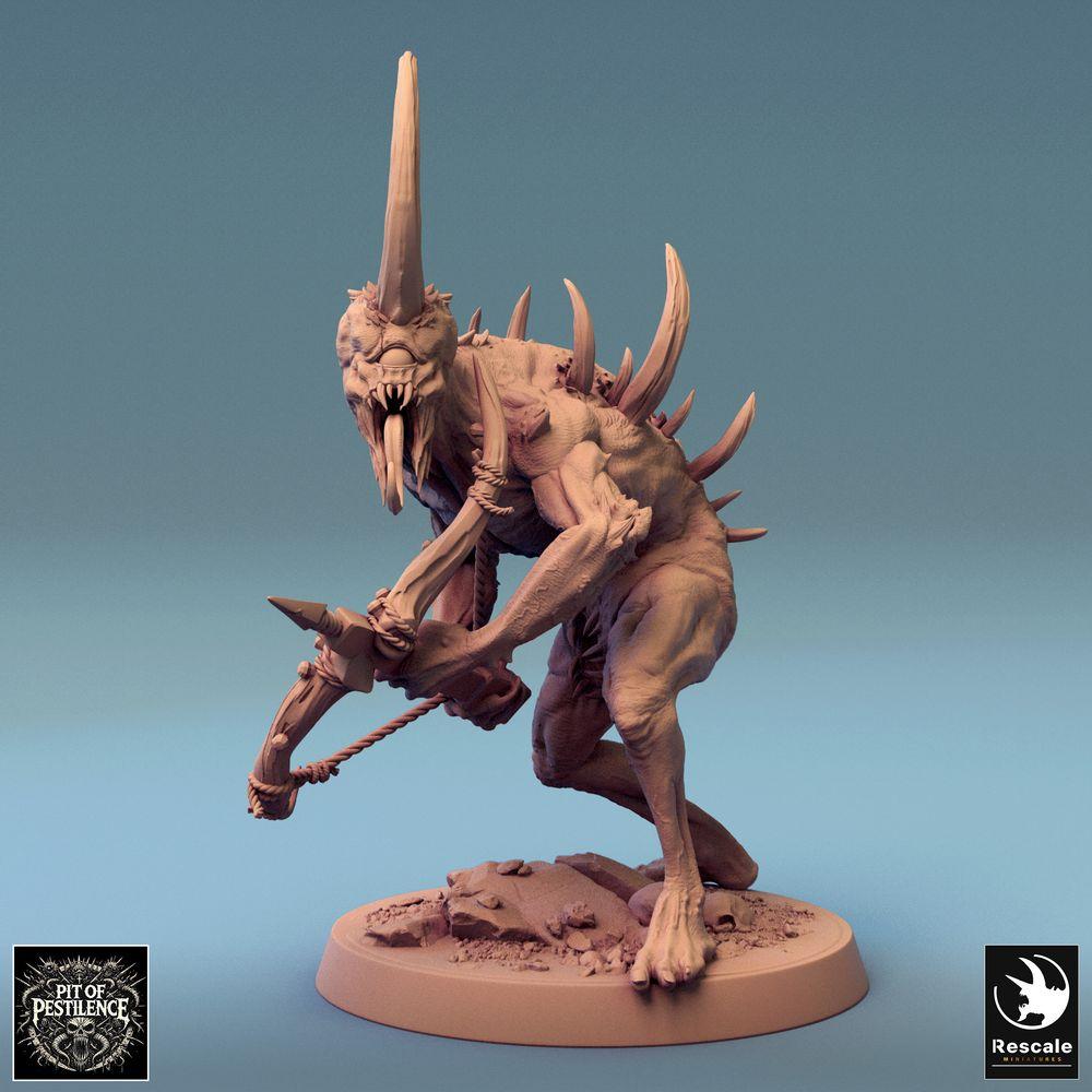 Foto del producto Tabletop 28mm Lord of the Print (LotP) 0: Figura de fantasía: Bestia demoníaca del infierno / Monstruo con arma encadenada - Monstruo espinoso con cuerno de ariete, pose dinámica, monstruo jefe de combate cuerpo a cuerpo, miniatura de Tabletop para skirmish y wargaming (24_08_F10)