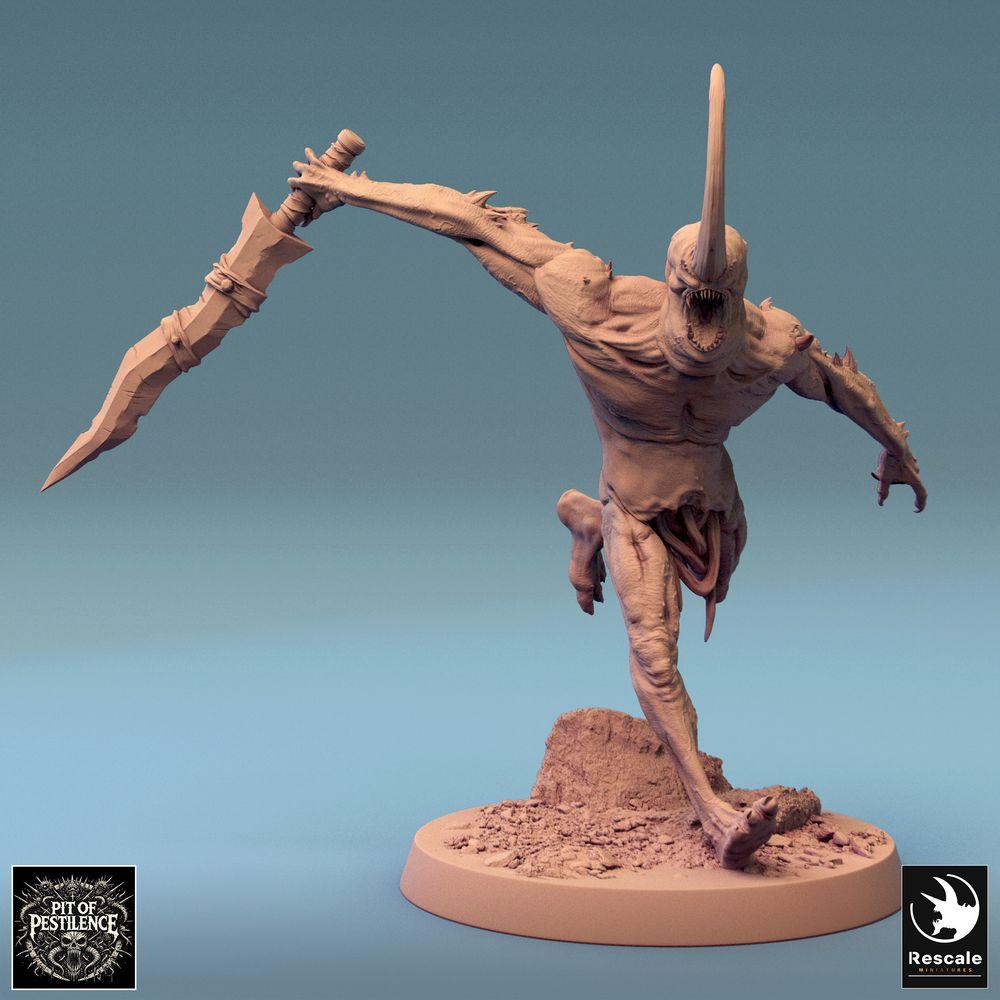 Foto del producto Tabletop 28mm Lord of the Print (LotP) 0: Miniatura de Tabletop: Carnicero demoníaco, criatura mutante del abismo con espada dentada en ataque en salto, jefe de combate cuerpo a cuerpo (24_08_F17)