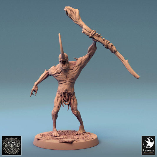 Foto del producto Tabletop 28mm Lord of the Print (LotP) 0: Figura de fantasía: Demonio / Bestia del Caos, Abominación, Berserker con maza de hueso en pose de golpe de arriba hacia abajo, monstruo jefe para Skirmish, Wargame y Dungeon-Crawl (24_08_F18)