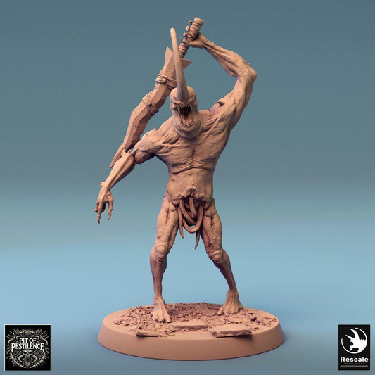 Foto del producto Tabletop 28mm Lord of the Print (LotP) 0: Miniatura de Tabletop: Demonio Cornudo Demonios de la Cría - Berserker Mutante con espada grande de doble mano y dientes de sierra, jefe enemigo en combate cuerpo a cuerpo (24_08_F19)
