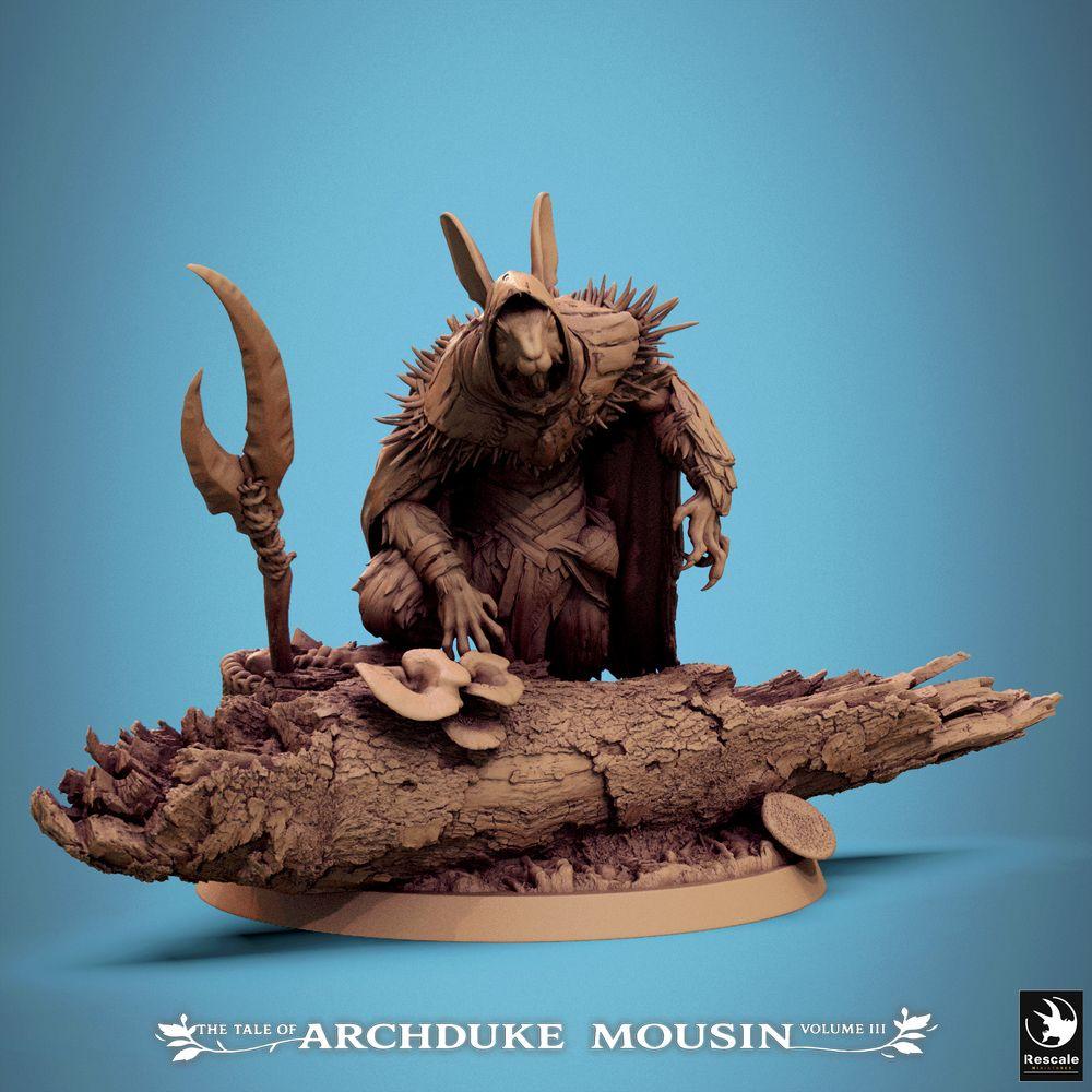 Foto del producto Tabletop 28mm Lord of the Print (LotP) 0: Figura de fantasía: humano con orejas de conejo, explorador/escurridizo/asesino, cazador emboscador con glaive, agazapado sobre base de tronco de árbol, Rabbitfolk Ranger (25_07_Q31)