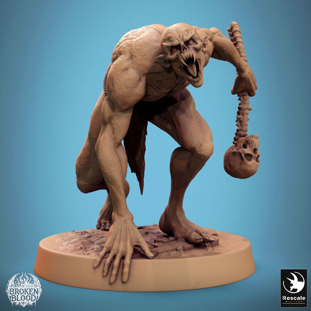Foto del producto Tabletop 28mm Lord of the Print (LotP) 0: Miniatura de Tabletop: Ghoul, monstruo de la cripta - ataque hacia adelante agachado, rugiendo, con un garrote de huesos de columna vertebral y cráneo (24_11_B17)