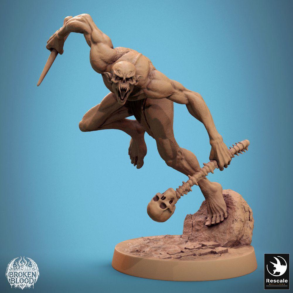 Foto del producto Tabletop 28mm Lord of the Print (LotP) 0: Miniatura de Tabletop: Ghoul Salvaje en Salto (Savage Ghoul) - asesino no muerto y cazador emboscado con daga, cráneo y columna vertebral (24_11_B19)