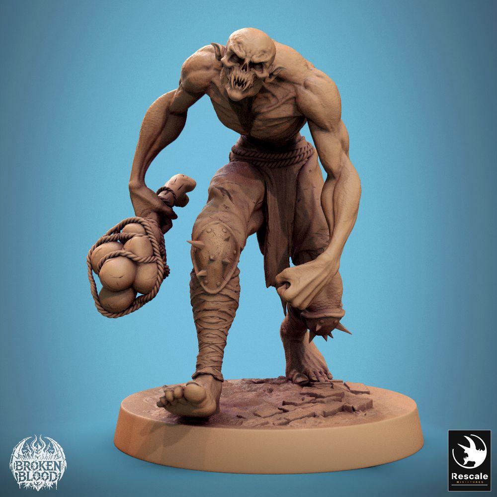 Foto del producto Tabletop 28mm Lord of the Print (LotP) 0: Miniatura de Tabletop: Berserker Ghoul Salvaje (Savage Ghoul), coloso no muerto con bolsa de trofeos de cráneos y puño de golpe espinado (24_11_B27)