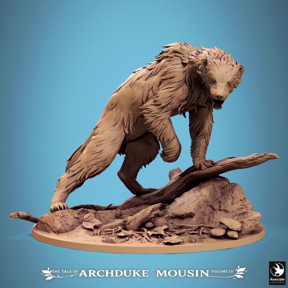 Foto del producto Tabletop 28mm Lord of the Print (LotP) 0: Miniatura de Tabletop: Oso del Terror / Oso Lobo / Monstruo Oso - Bestia del Bosque, miniatura de monstruo con garras largas y colmillos afilados, agazapada como un depredador sobre un tronco caído (25_07_A1)