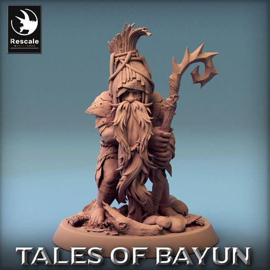 Produktfoto Tabletop 28mm Lord of the Print (LotP) 0: Fantasy Figur: Waldschamane Druide mit dornenbesetztem Stab - Stammesältester, Runenpriester, Forest Shaman Druid (24_01_A6)
