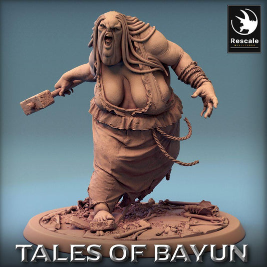 Produktfoto Tabletop 28mm Lord of the Print (LotP) 0: Tabletop Miniatur: Kikimora Oger-Fleischerin, anstürmende Sumpfhexe mit Fleischerbeil, Trollmatrone Boss-Monster (24_01_D4)