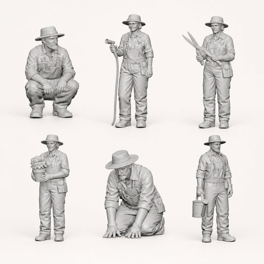 Jardinero, jardinería y vida rural: 6 figuras de resina sin pintar en vista abierta
