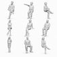 Figuras sentadas y transeúntes: 9 figuras de resina sin pintar en vista abierta