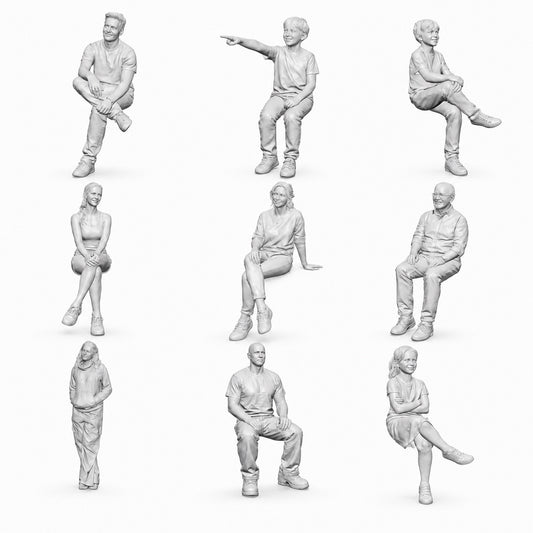 Figuras sentadas y transeúntes: 9 figuras de resina sin pintar en vista abierta