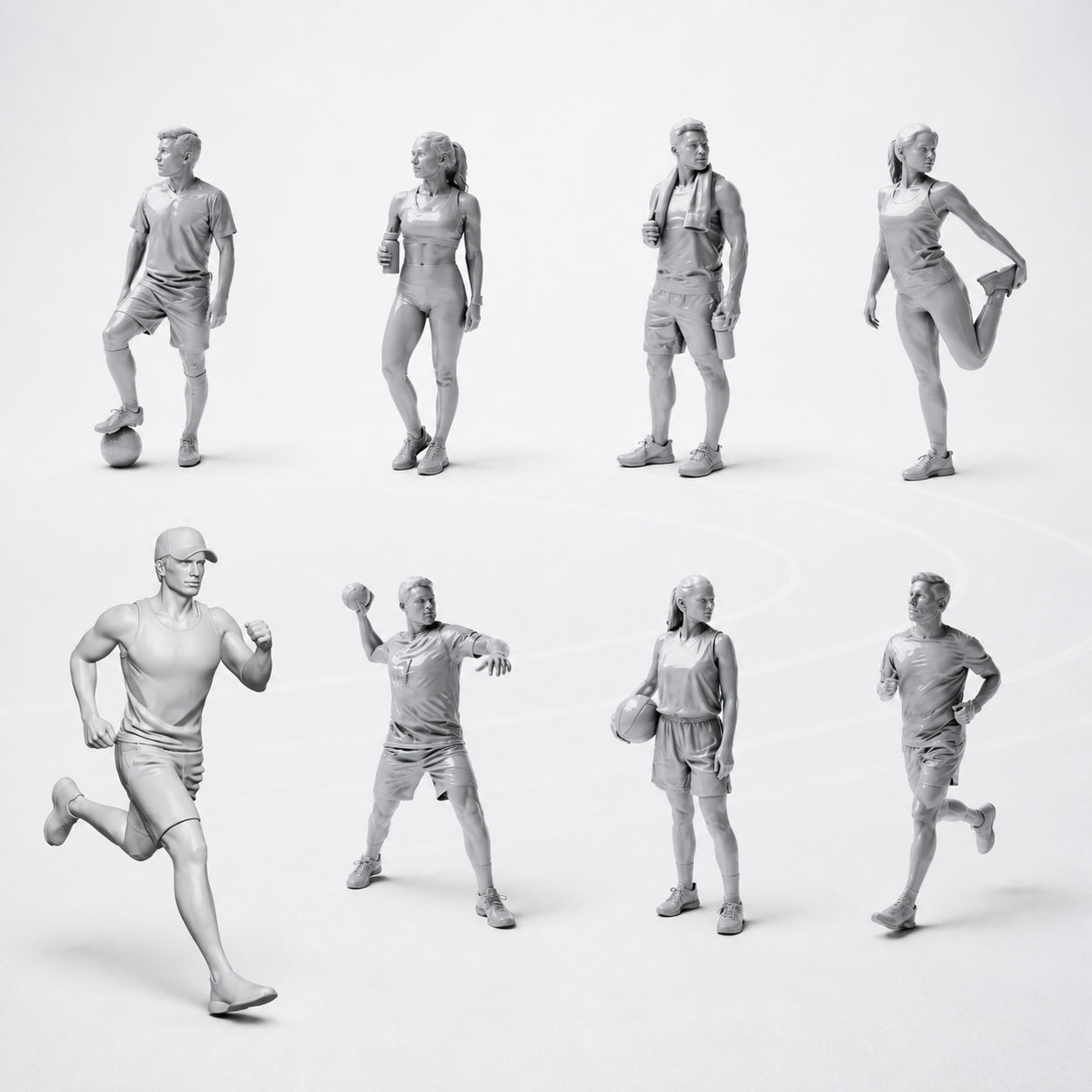 Set de figuras de deporte, ocio y atletas: 8 figuras de resina sin pintar en vista abierta