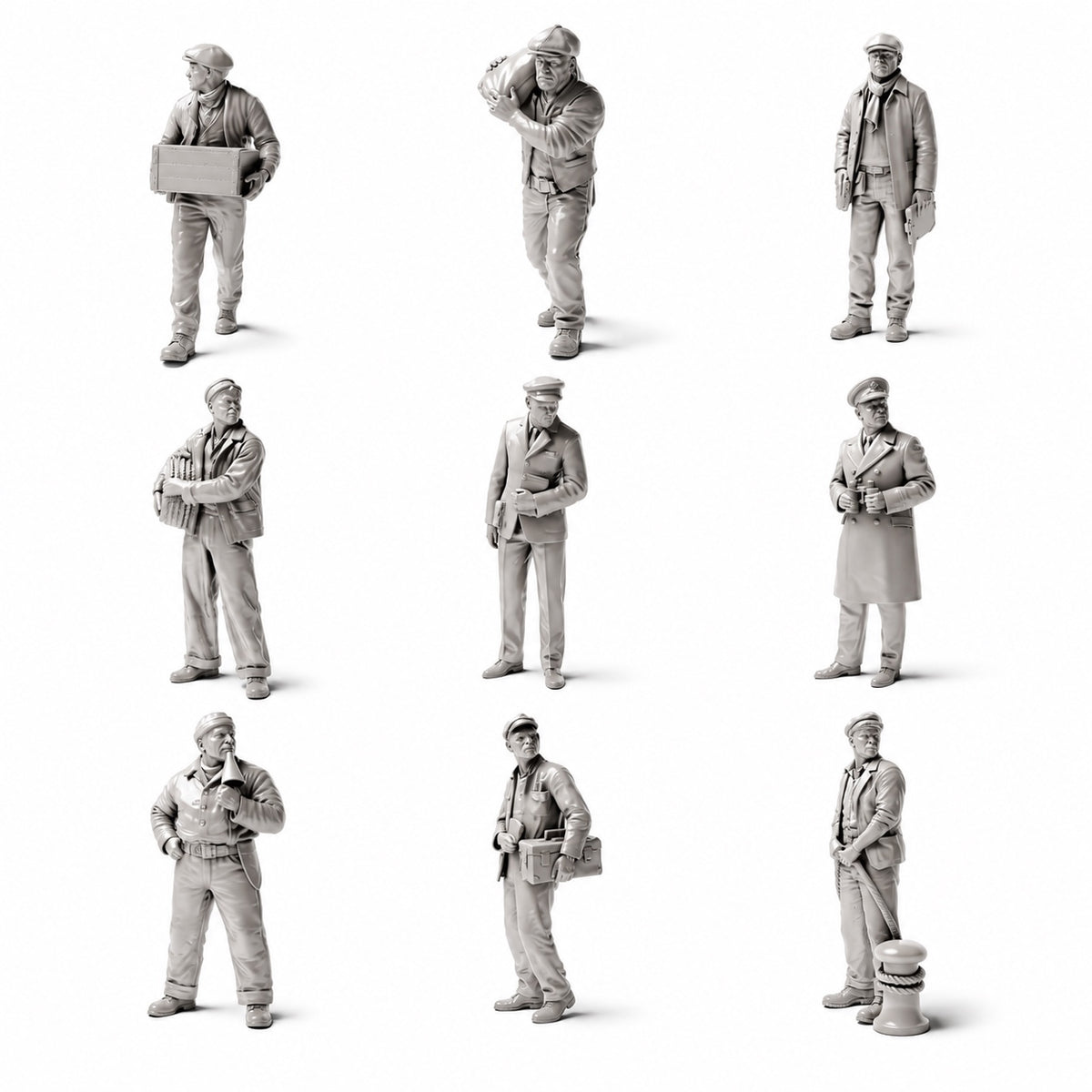 Trabajadores históricos de puerto y muelle - 9 figuras de resina sin pintar en vista general abierta