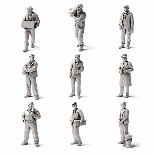 Trabajadores históricos de puerto y muelle - 9 figuras de resina sin pintar en vista general abierta