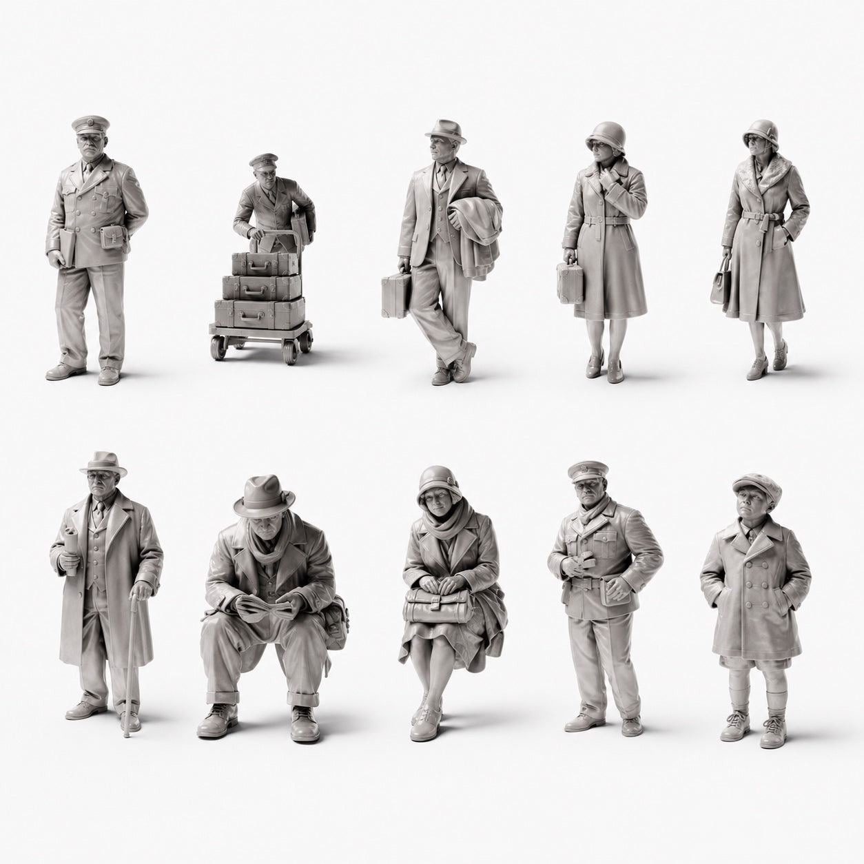Figuras históricas de estación y ferrocarril: 10 figuras de resina sin pintar en vista abierta