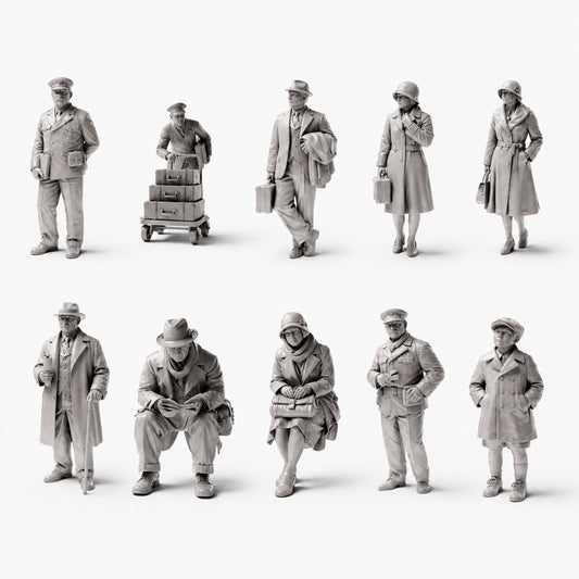 Figuras históricas de estación y ferrocarril: 10 figuras de resina sin pintar en vista abierta
