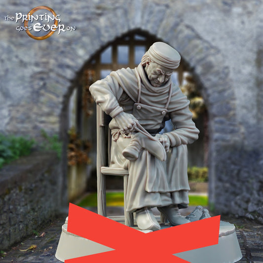 Produktfoto mittelalterliche historische Figur 75mm Scale The Printing Goes Ever On (TPGEO)  0: Mittelalterliche Ritter Figuren Dorfbewohner Schuhmacher mit Stuhl - 75mm Modelle - Mittelalterliche Stadt
