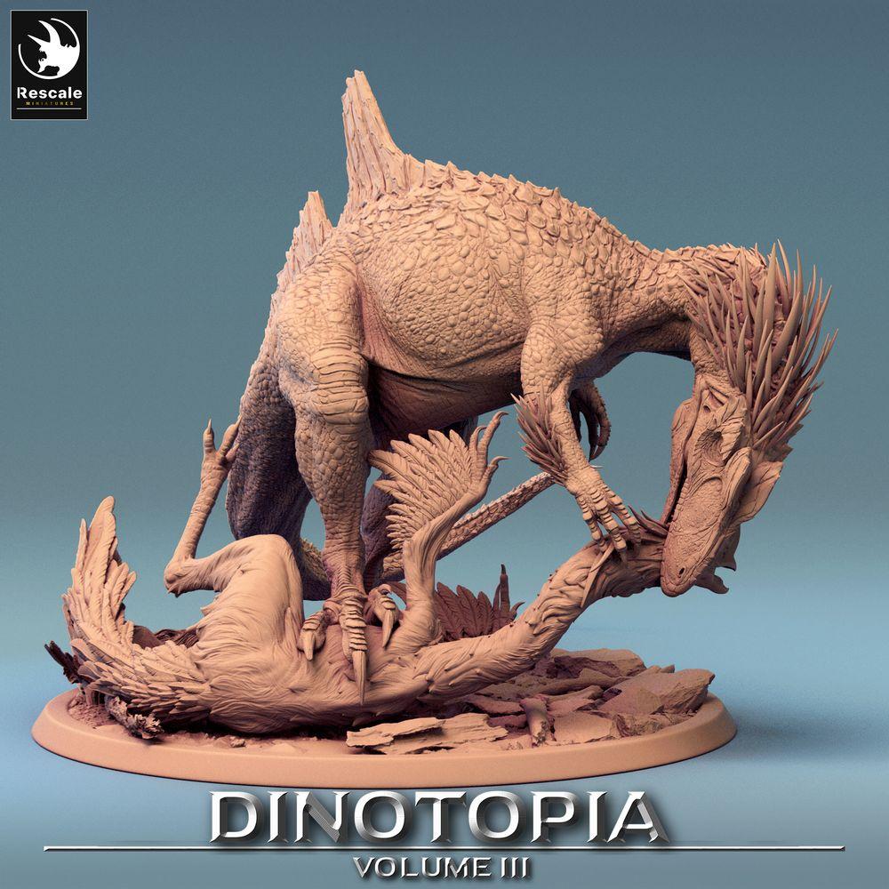 Foto del producto Tabletop 28mm Lord of the Print (LotP) 0: Miniatura de Tabletop: Concavenator depredador - cazador ápice desgarrando su presa, criatura prehistórica en base de diorama (24_06_C3)