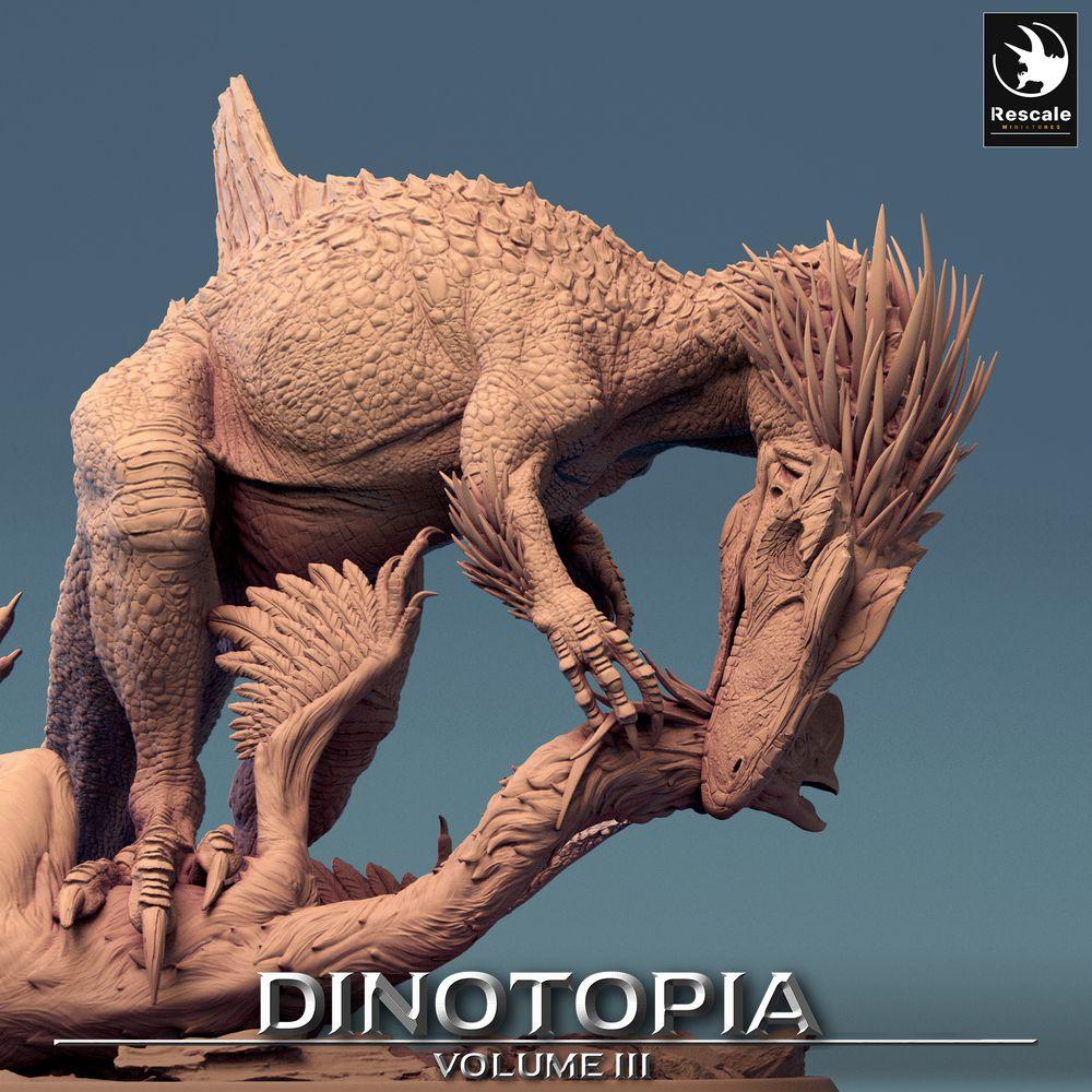 Foto del producto Tabletop 28mm Lord of the Print (LotP) 0: Miniatura de Tabletop: Concavenator, dinosaurio depredador - desgarrando su presa, bestia cazadora apex, criatura prehistórica sobre base de diorama (24_06_C3)