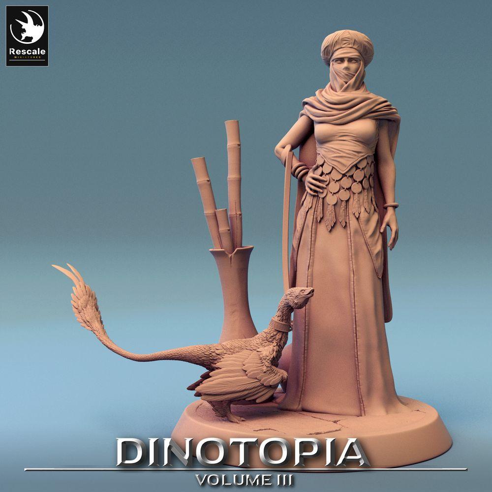 Foto del producto Tabletop 28mm Lord of the Print (LotP) 0: Figura de fantasía: Nómada del desierto y maestra de bestias con dinosaurio emplumado - Exploradora, líder tribal, exploradora (24_06_E13)