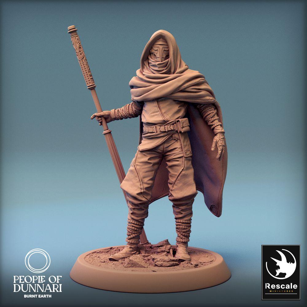 Foto del producto Tabletop 28mm Lord of the Print (LotP) 0: Figura de fantasía: Chamán nómada del desierto y mago rúnico con bastón - Jefe Dunnari Amarok Sandweaver, explorador y líder (24_03_C1)