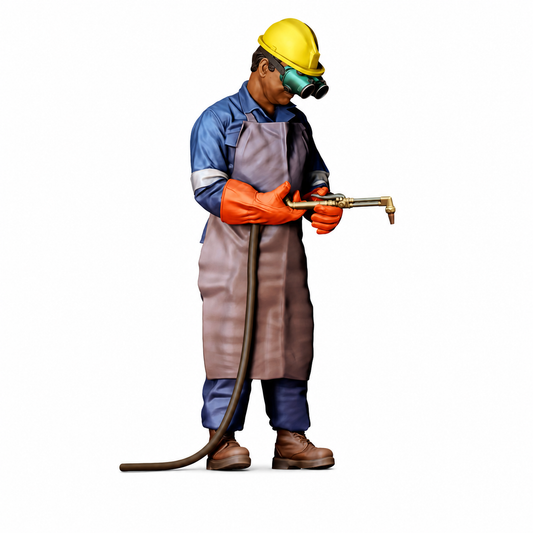 Figura de pie: soldador con antorcha de soldadura MIG y ropa de protección (Ref. n.º 481) - soldador con antorcha MIG completa y manguera