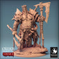 Foto del producto Tabletop 28mm Lord of the Print (LotP) 0: Figura de fantasía: Eradicus, señor de la guerra bárbaro berserker con hacha de dos manos, guerrero con casco de jaula, miniatura jefe (24_02_F3)