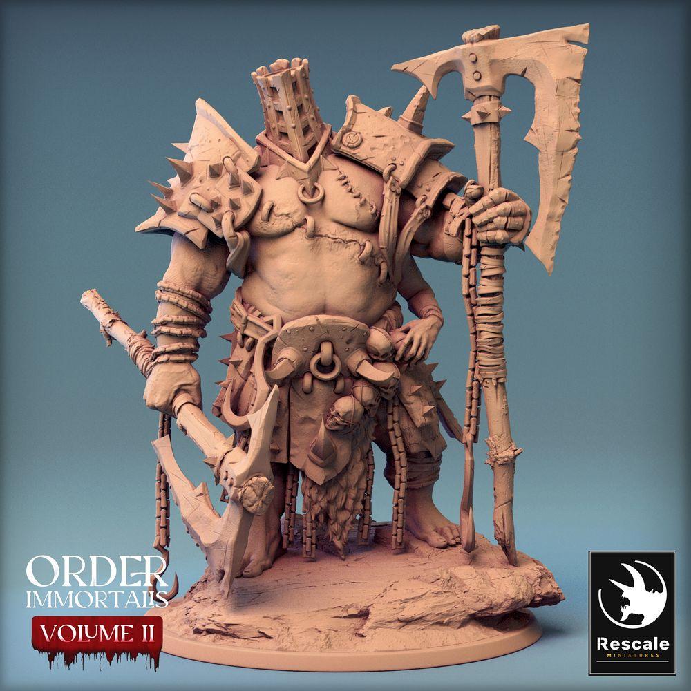Foto del producto Tabletop 28mm Lord of the Print (LotP) 0: Figura de fantasía: Eradicus, señor de la guerra bárbaro berserker con hacha de dos manos, guerrero con casco de jaula, miniatura jefe (24_02_F3)