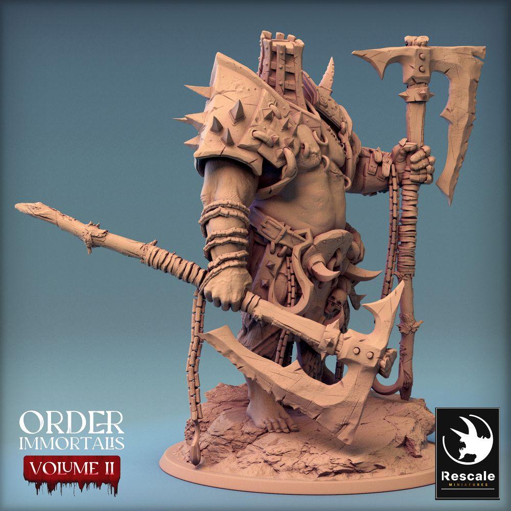 Foto del producto Tabletop 28mm Lord of the Print (LotP) 0: Figura de fantasía: Eradicus, señor de la guerra bárbaro berserker con hacha de dos manos, luchador con casco de jaula, miniatura jefe (24_02_F3)