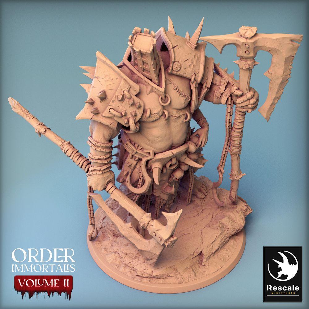 Foto del producto Tabletop 28mm Lord of the Print (LotP) 0: Figura de fantasía: Eradicus, señor de la guerra bárbaro berserker con hacha de dos manos, luchador con casco de jaula, miniatura jefe (24_02_F3)