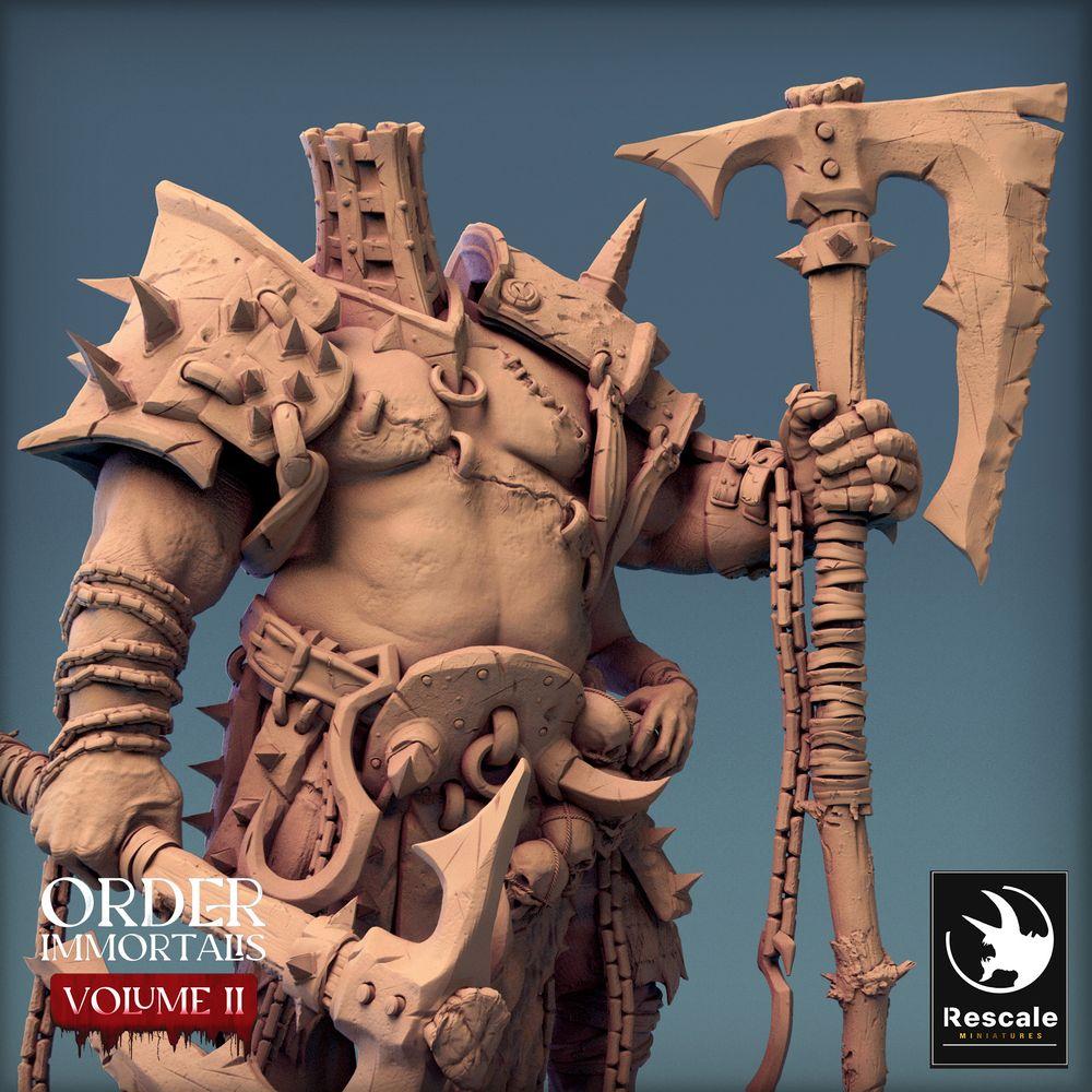 Foto del producto Tabletop 28mm Lord of the Print (LotP) 0: Figura de fantasía: Eradicus, señor de la guerra bárbaro berserker con hacha de dos manos, luchador con casco de jaula, miniatura jefe (24_02_F3)